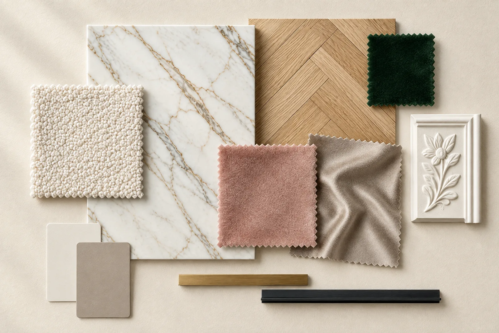 Materialcollage Pariser Wohnung: Marmor, Fischgrätparkett, Bouclé, Samt in Rosé und Dunkelgrün, Seide, Stuckrelief, Messing und schwarzes Metall