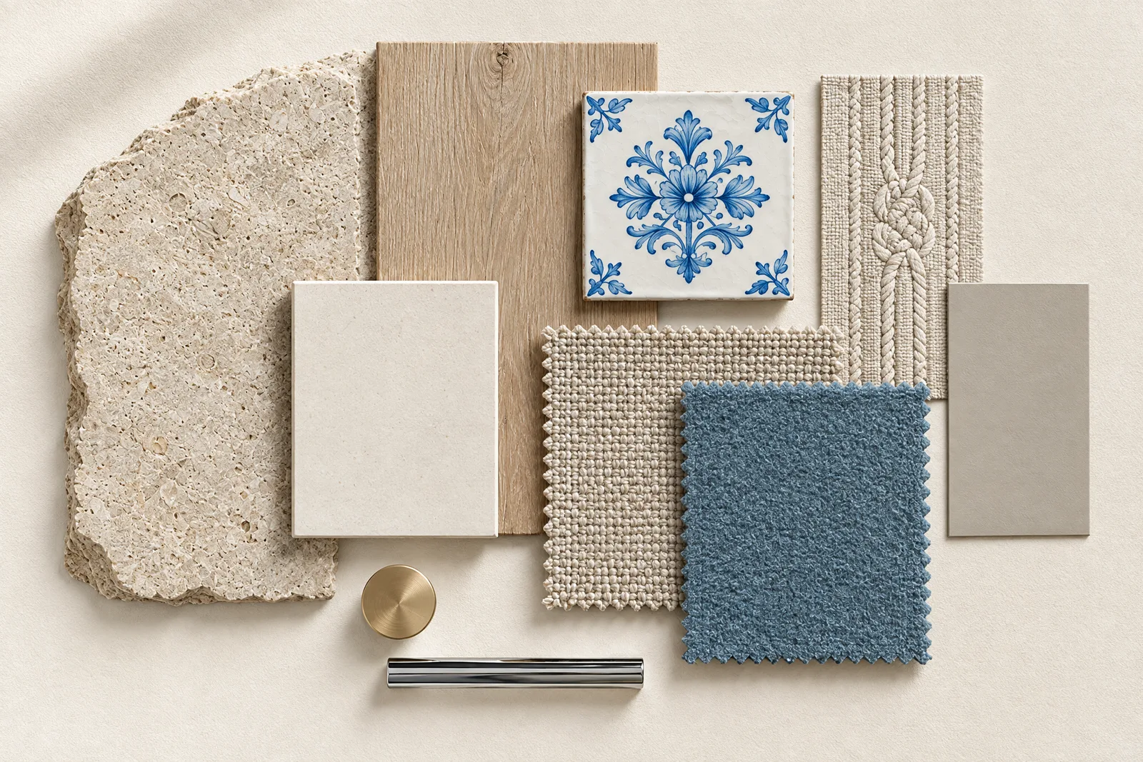 Materialcollage Ferienhaus Sylt: Kalkstein, Eiche, Delfter Fliese, Tauwerk-Tapete, Wollstoffe in Sand und Blau, Champagner und Chrom