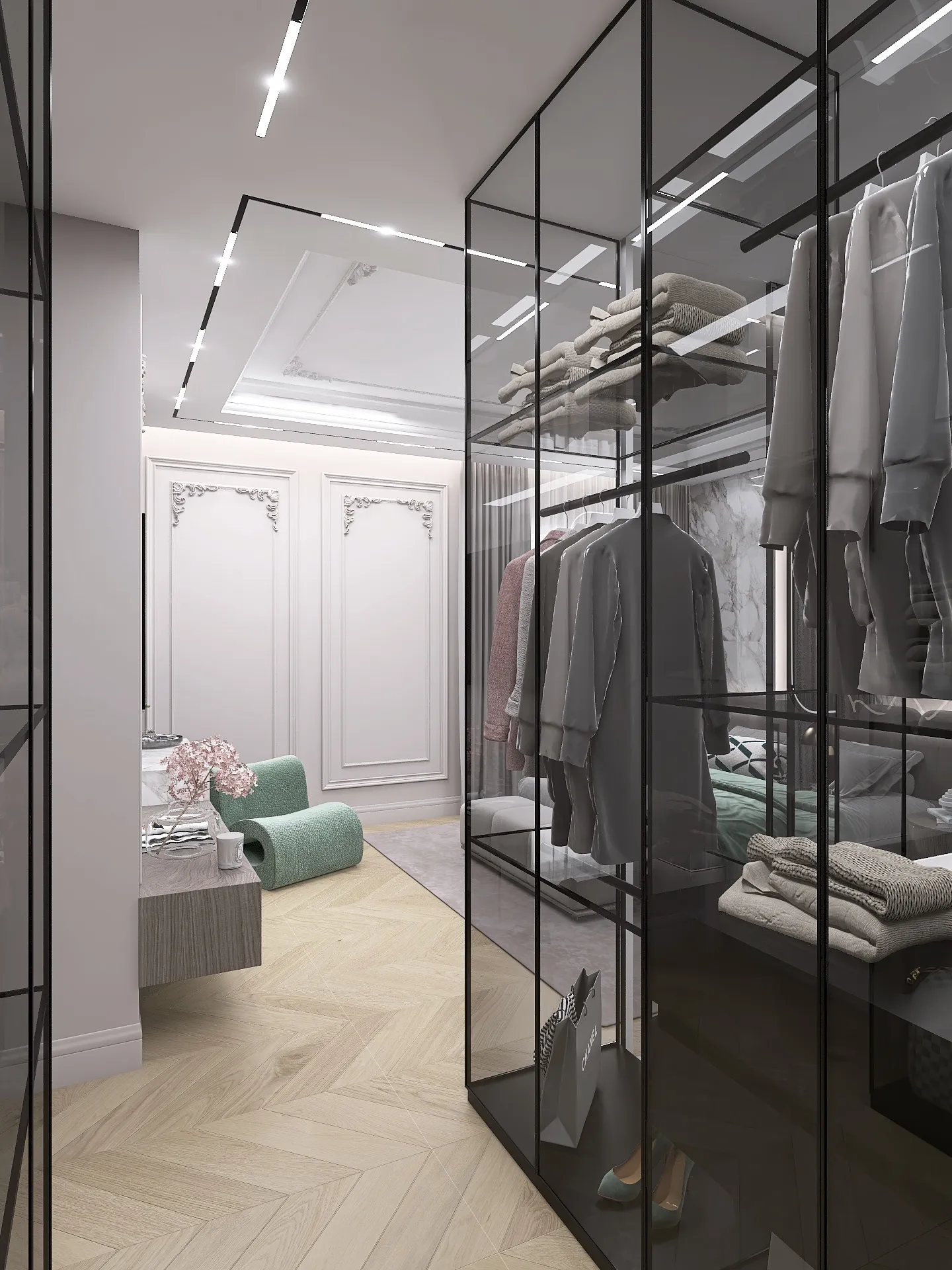 Pariser Wohnung, Ankleide hinter Glas mit schwarzen Profilen