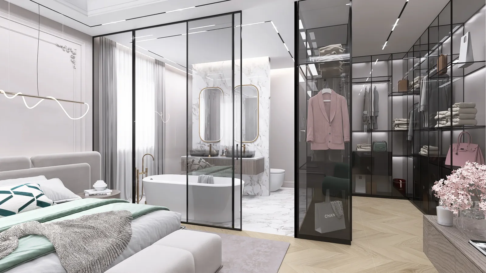 Pariser Wohnung, Schlafzimmer mit Glaswand zu Bad und Ankleide