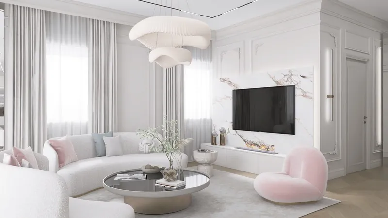 Pariser Wohnung, Wohnzimmer mit Stuck, Marmor und rundem Sofa
