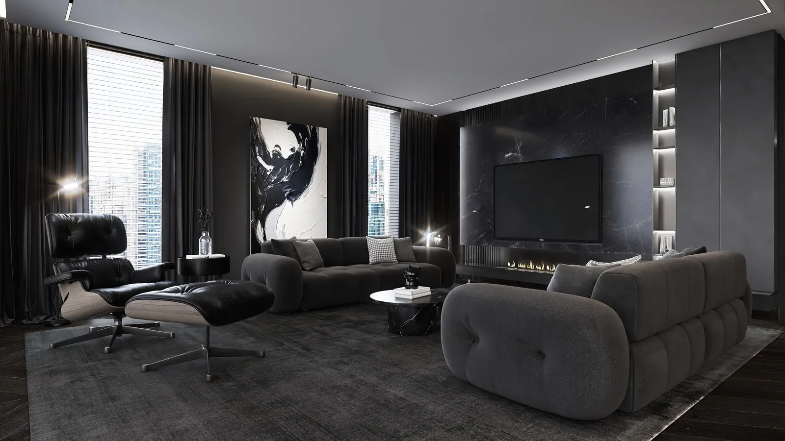 Schwarze Wohnung, Wohnzimmer mit Ledersessel, dunklem Marmor und Kunstwerk