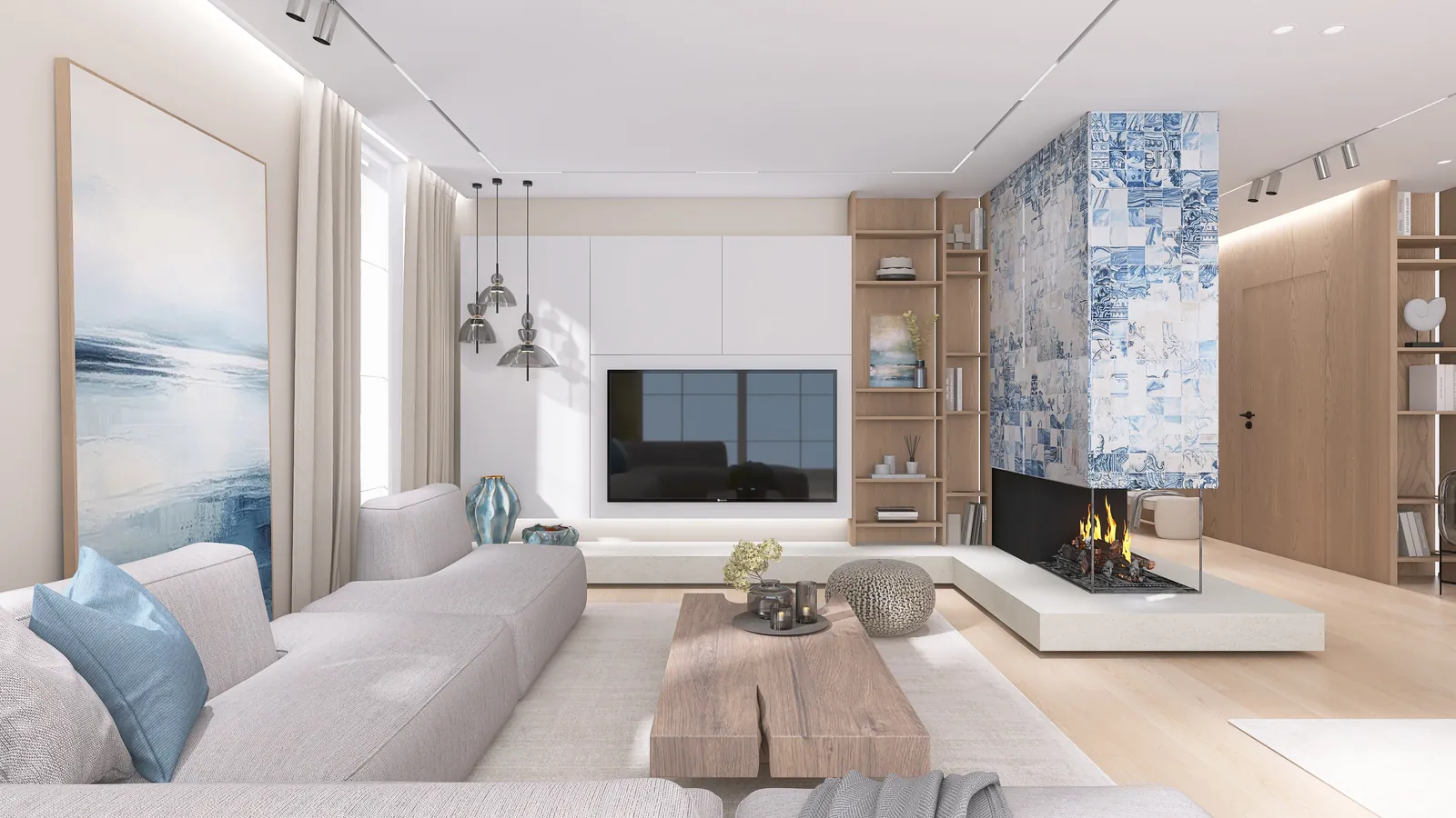 Ferienhaus Sylt, Lounge mit Ecksofa, Holztisch und Kamin