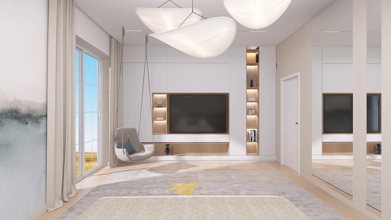 Ferienhaus Sylt, Haupt-Schlafzimmer mit Hängesessel und Fernsehwand