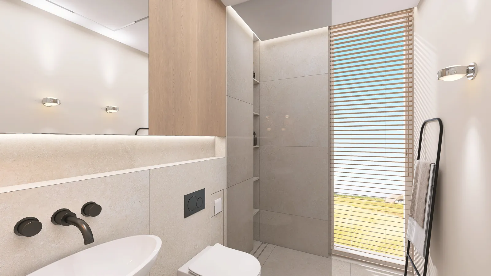 Ferienhaus Sylt, Badezimmer mit Waschbecken, Kalkstein und Dusche