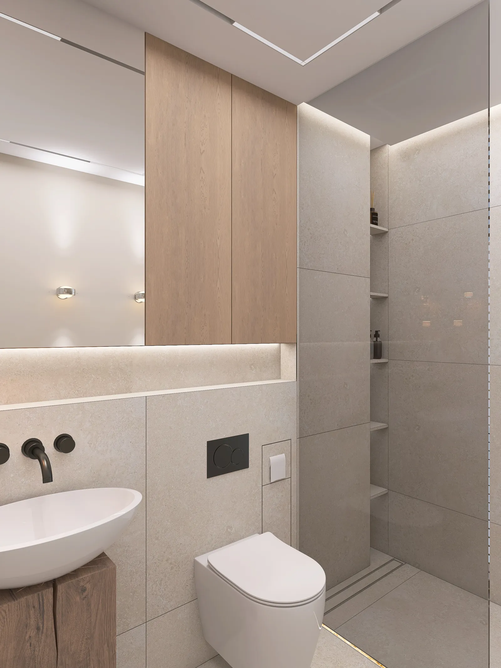 Ferienhaus Sylt, Badezimmer mit Waschbecken auf Eichenblock und Kalksteinwänden