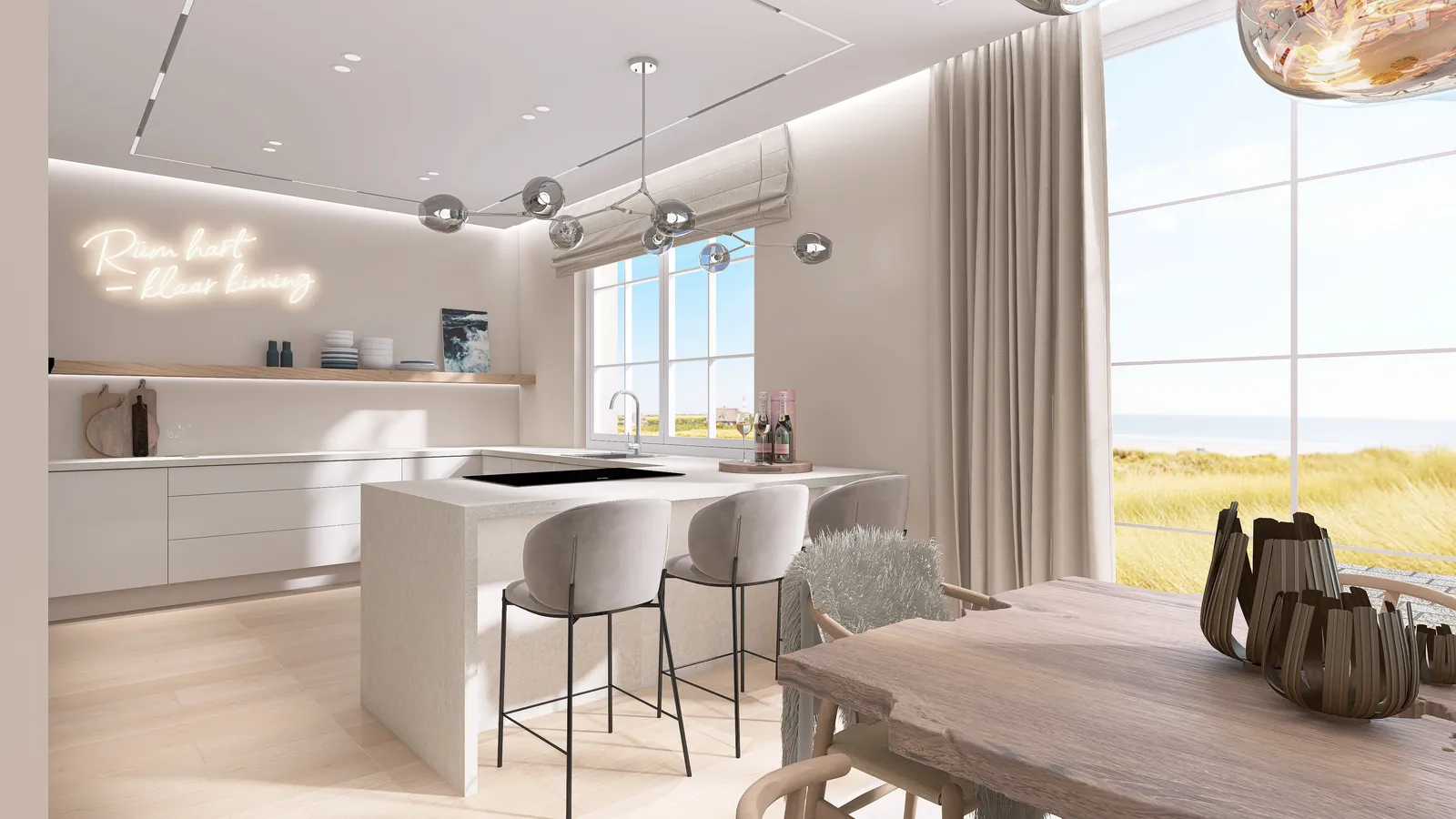 Ferienhaus Sylt, Küche mit dem Schriftzug Rüm hart, klaar kimming an der Wand