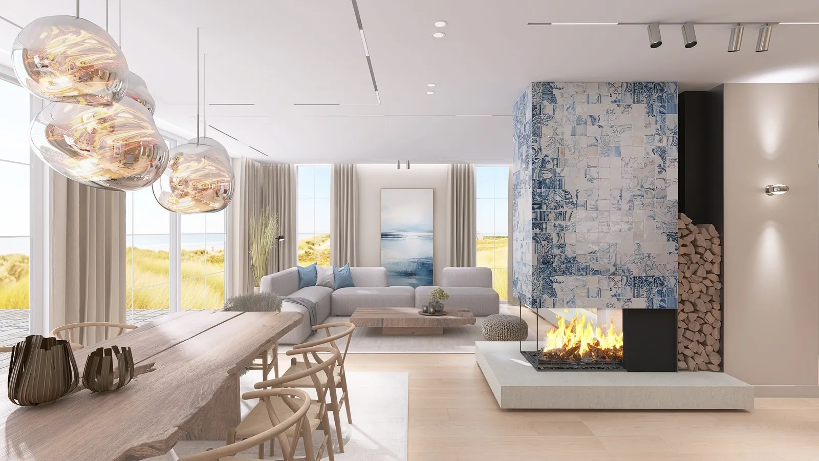 Ferienhaus Sylt, Wohnbereich mit Kamin, Delfter Fliesen und Blick auf die Dünen